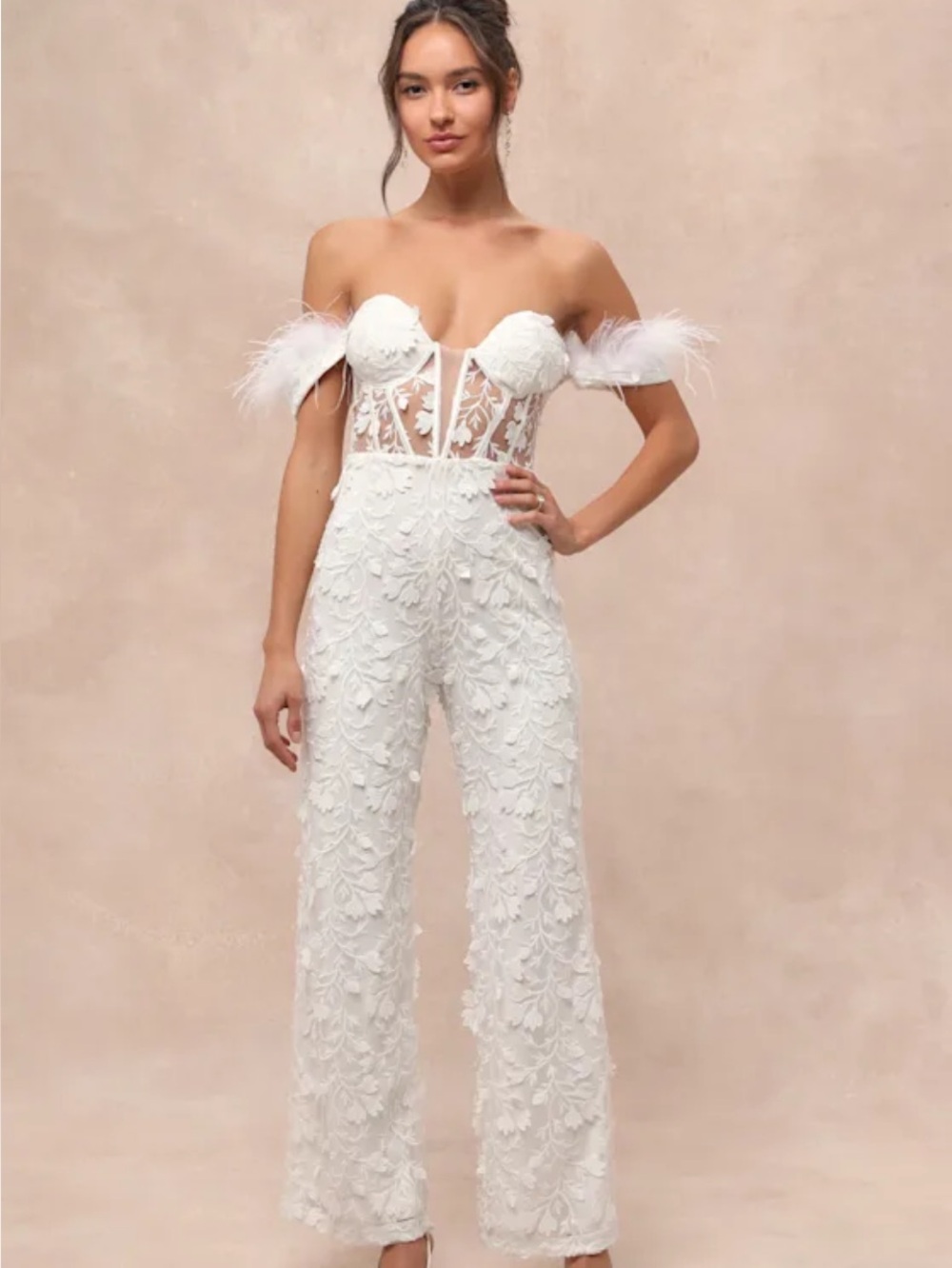 New Lulus White Feather-Trim Bridal Jumpsuit - Elegant Wedding Sz Small - Picture 4 of 12